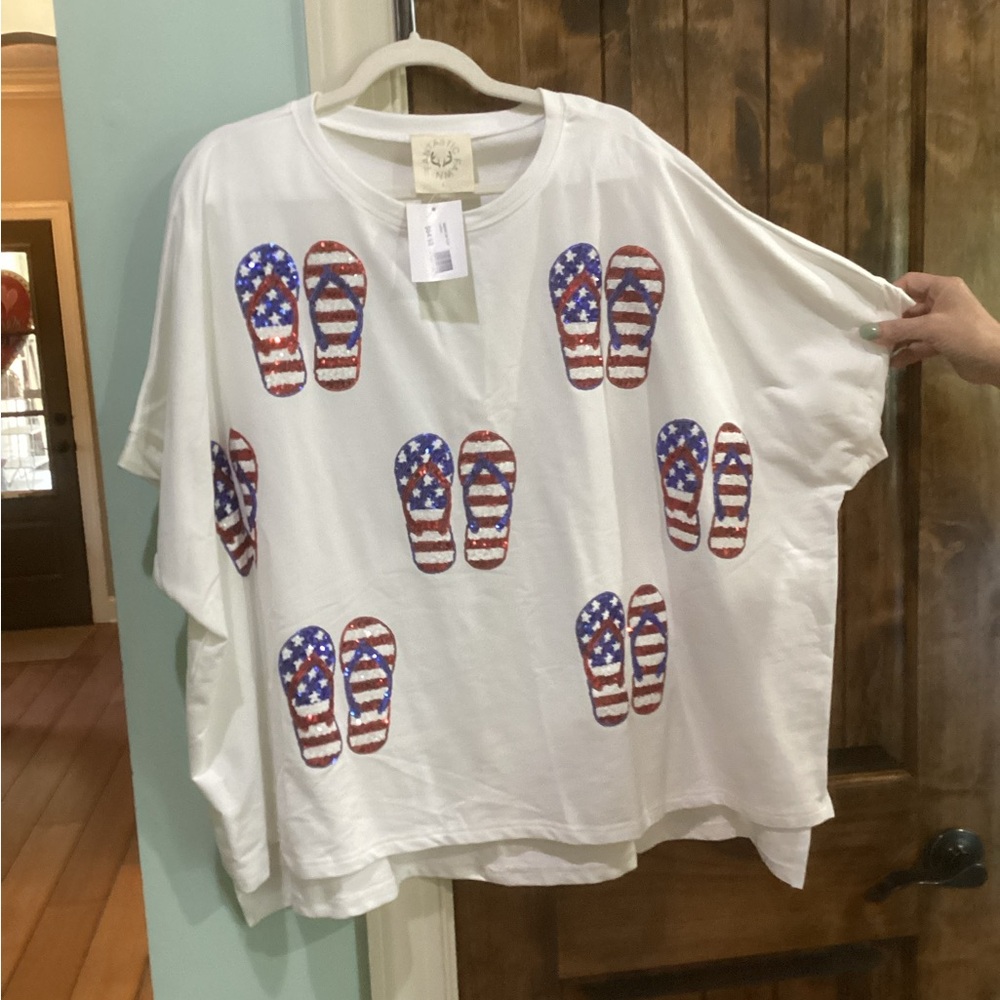 White T-Shirt with American Flag Flip-Flop Print by Fantastic Fawn.
